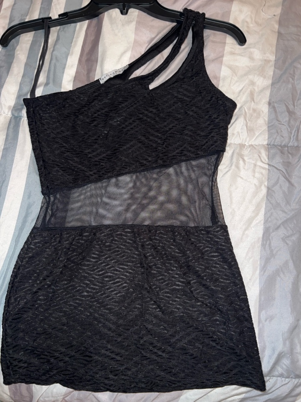 Black One-Shoulder Mesh Insert Mini Dress - Picture 4 of 5